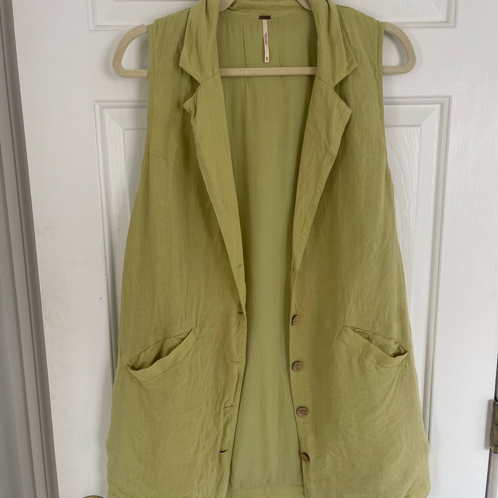 Free People Green Linen Long Vest